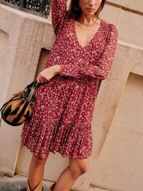 Sezane Aurena Long Sleeve Mini Babydoll Dress in Burgundy Flowers sz 34/2